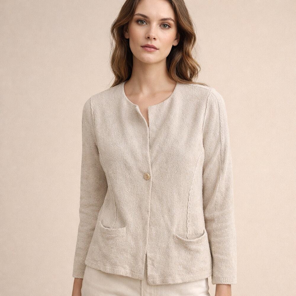 Eileen Fisher Cardigan Blazer Womens M Beige Reverse Seam One Button Metallic